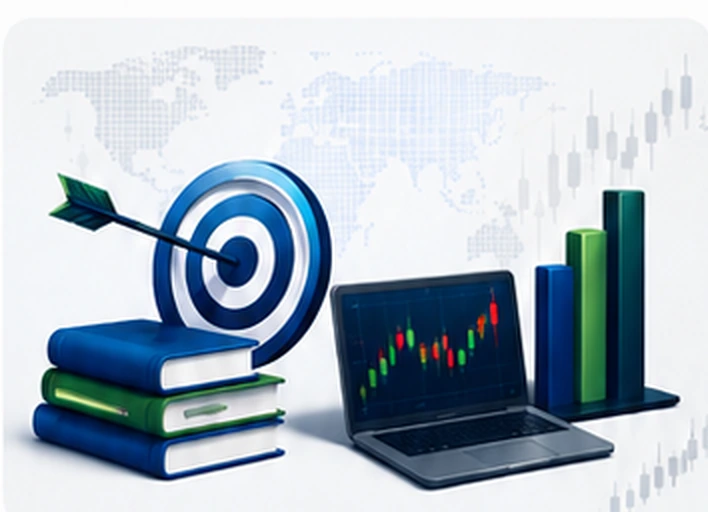 Trading education target, books and market chart illustration